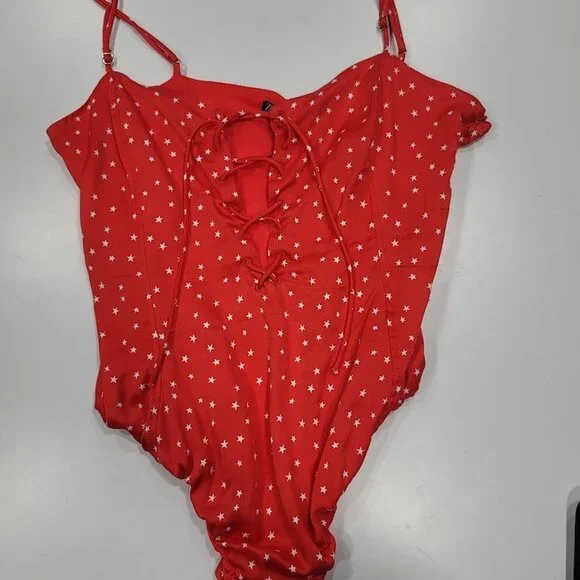 Zara Red Star Printed Satin Effect Bodysuit Sz XL - Picture 5 of 12
